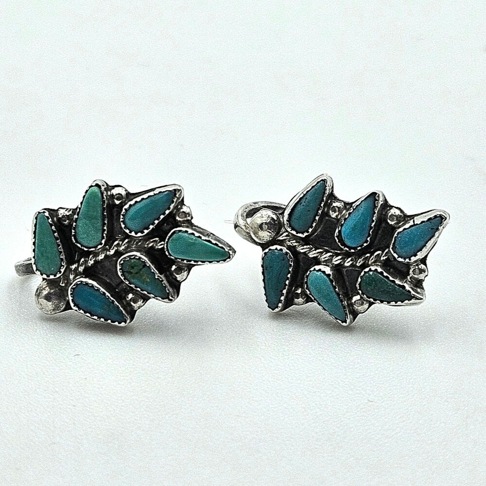 Vintage Sterling Silver Turquoise Teardrop Cluster Screw Back Earrings Southwest